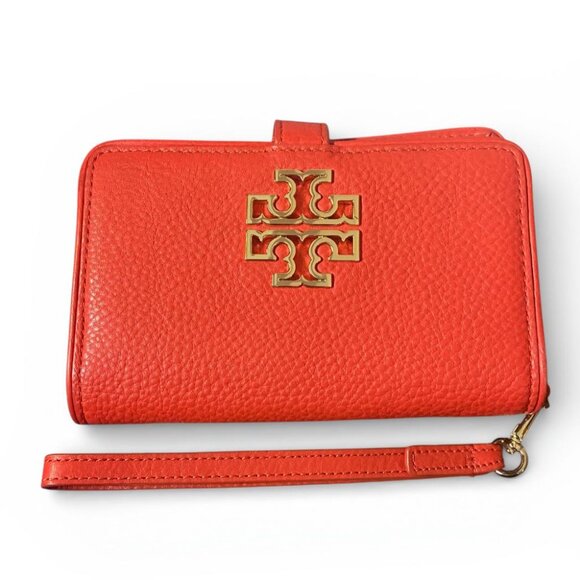 Tory Burch Handbags - TORY BURCH - Orange Leather Britten Smartphone Wristlet Bi Fold Wallet